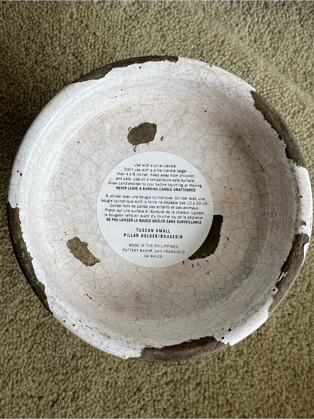 Pottery Barn Tuscan Glaze Terra Cotta Pillar Candle Holder - White/Natural